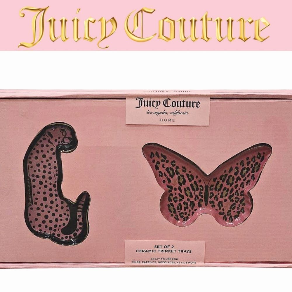 Juicy Couture Home Set Of 2 Leopord/Butterfly Decorative Ceramic Trinket Trays